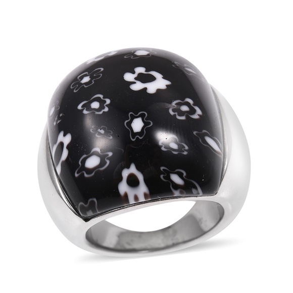 Jewelry - Black Murano Millefiori Glass Stainless Steel Ring